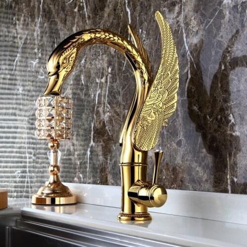 Basin Faucet Swan Gold Brass Bathroom Mixer Faucet Hot and Cold Single Hole Basin Crane Taps Sink Mixer Tap Wash Basin Torneira