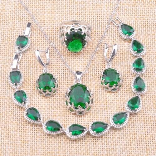 Russian Style Green Crystal Wedding Gift Silver Color Jewelry Sets Womens With Necklace Pendant Earrings Rings Bracelet