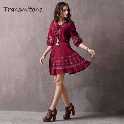 Wine Women Dress 2019 Vintage Spring New Cotton Vestidos V-Neck Half Sleeve Vintage Embroidery A-line Red Dresses Female