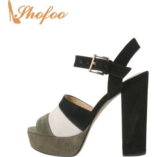 Black White Grey Patchwork Platform Women Sandals High Chunky Heels Buckle Strap 2021 New Ladies Fashion Mature Shoes Shofoo