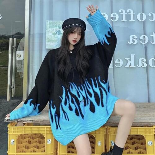 Women Loose Plus Size Flame Color Matching O Neck Knitted Sweater Pullover Tops