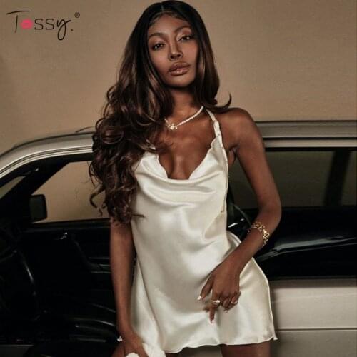Tossy Satin Sexy Solid Halter Dress Women 2021 Summer Casual Mini Dress Bodycon Slim Backless Clubwear Sleeveless Vestidos