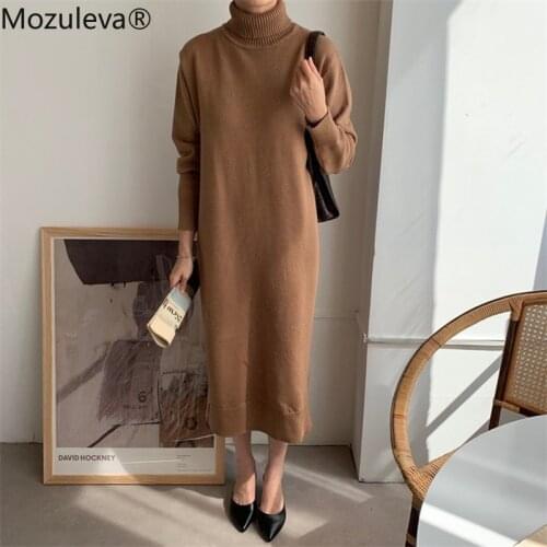 Mozuleva Vintage Turtleneck Ladies Sweater Dress 2021 Autumn Winter Warm Loose Full Sleeve Split Knitting Women Dresses Vestidos
