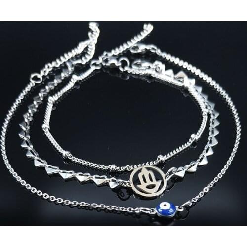 3PCS Hamsa Hand Stainless Steel Ankle Bracelet for Women Jewelry Silver Color Beach Layered Anklets Jewelry tobilleras A612346B