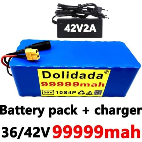 36V Battery 10S4P 36V 99.999Ah Battery 1000W High Power Battery 99999mAh Ebike Electric Bike Charger BMS XT60 + 42V2A Charger