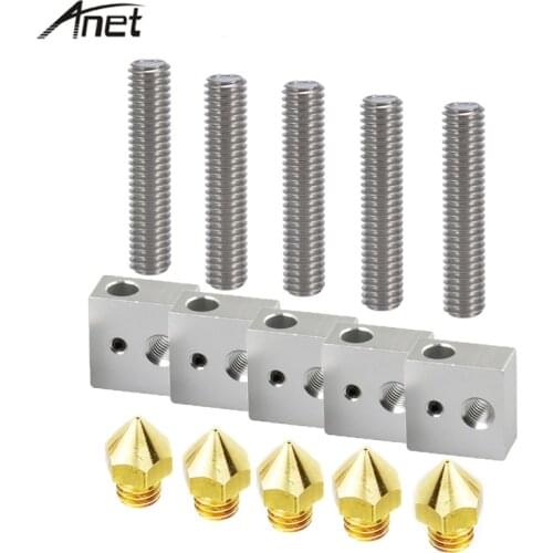 Anet 5pcs 40mm Throat PTFE Pipe Throat Tube 5pcs 0.4mm Nozzle Extruder Print Head 5pcs Heating Block Hot End Kit for 3D Printer