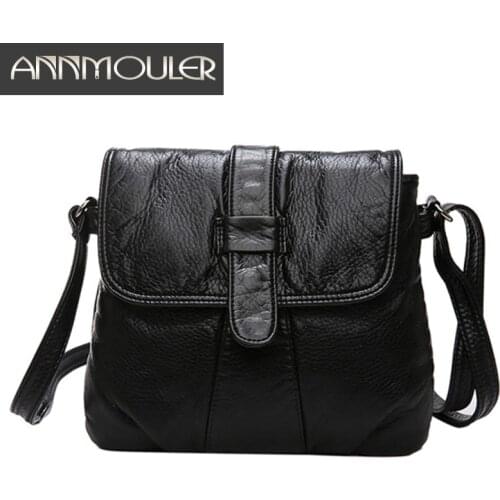 Annmouler Fashion Women Crossbody Bag Black Soft Washed Leather Shoulder Bag Small Size Messenger Bag Quality Lady Purse