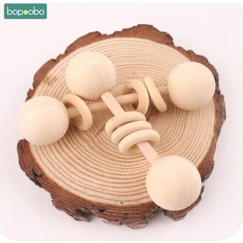 Bopoobo 2pcs Baby Organic Rattles Wooden Montessori Toys Can Chew Teething Rings Wooden Teethers Waldorf Sensory Baby Gym Toy