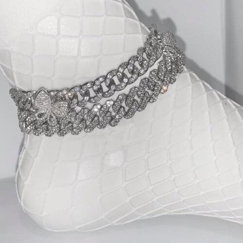 HipHop Rock Baguette Crystal Butterfly Chunky Metal Chain Anklets Jewelry Wholesale Shiny Miami Cuban Link Anklet For Women Men