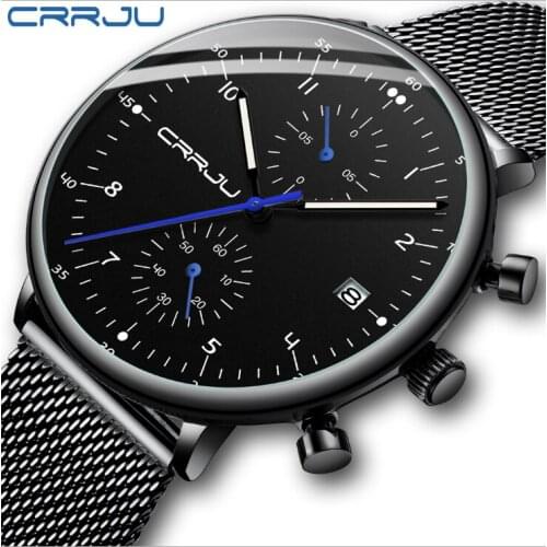Crrju luxury brand men stainless steel wristwatch for men waterproof military date quartz watches male watch