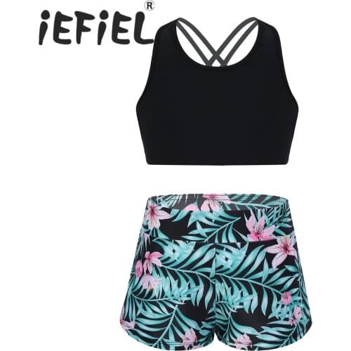 Kids Girls Children Ballet Dancewear Workout Gymnastics Outfits Sport Bra Top Tank Tops with Pants Shorts Stage Performance