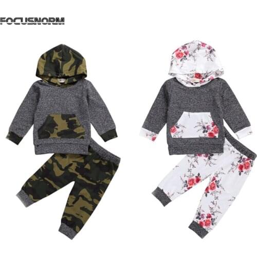 FOCUSNORM Baby Boys Autumn Winter Clothes Sets Floral/Camouflage Print Hooded Long Sleeve Pocket Tops Pants