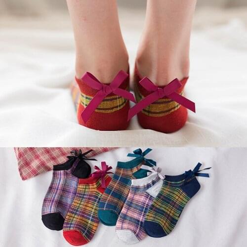 Cotton Women Socks Cute Bow Female Casual Boat 3D Pack Harajuku Invisible Funny Girl Ankle Plaid Sock