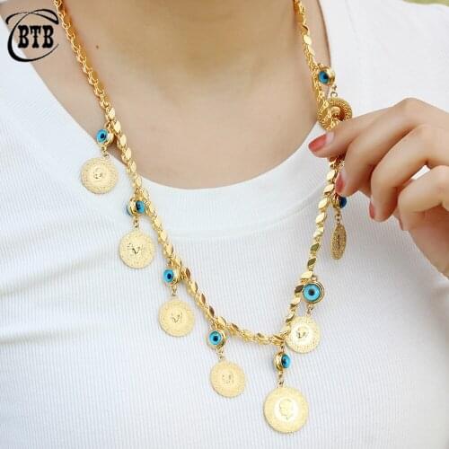 Islamic Muslim Demon Lucky Eye Turkey Gold Coin Lady Fashion Long Charm Allah Necklace Luxury Jewelry Wedding Gift Wholesale