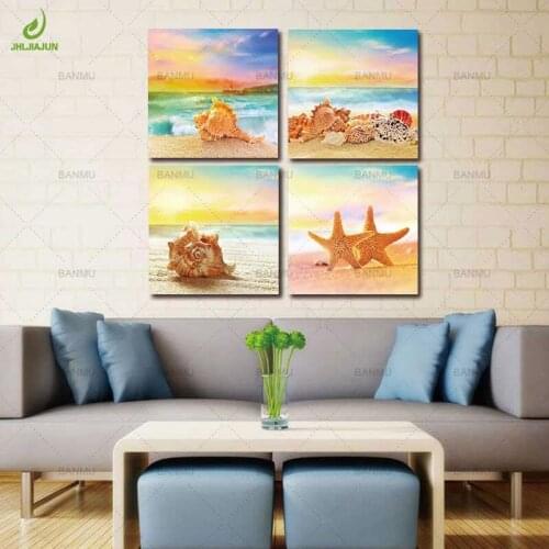 JHLJIAJUN 4 Piece Nordic Conch Starfish Beach Nordic Canvas Module Picture Decor Nordic Bedroom Living Room Home Decor Painting