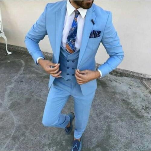 2020 Costume Light Blue Men Suit 3 Pcs Men Suit Men Suits for Wedding Evening Party Groom Tuxedos Slim Fit (Jacket+Vest+Pants)