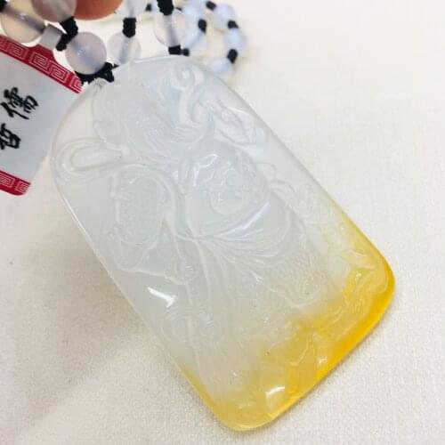 Natural Brazilian Ice Bottom Jade Carving Double Color Guan Gong Pendant with Chalcedony Bead Necklace Mens Womens Sweater Cha