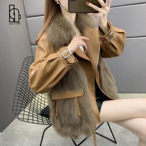 2021 Womens Winter New Faux Fox Fur Coats With Faux Leather Female Suit Collar Jackets Ladies Warm Streetwear Overcoat