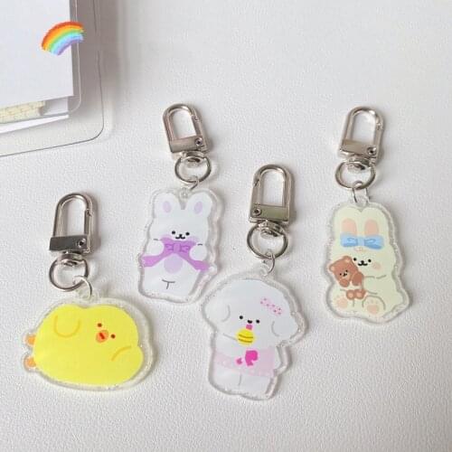 Cartoon Cute Rabbit Dog Chick Key Chain Korean Ins Blingbling Acrylic Key Holder Student Schoolbag Kawaii Decorative Pendant