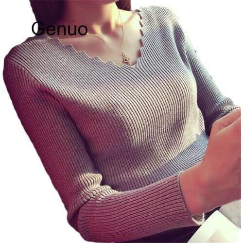 Fashion Autumn Women V-neck Long-sleeve Knitted Sweater Female Jumper Pullover Solid Basic Elasticity Women Clothing Pull Femme