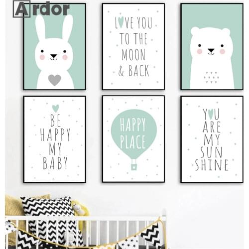 Cartoon Rabbit Bear Canvas Poster Painting Quotes Wall Art Print Baby Nursery Posters Hot Air Balloon Wall Pictures Home Decor
