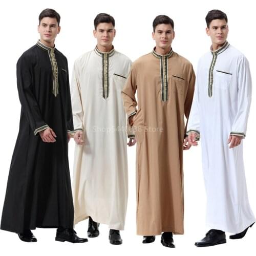 Men Muslim Robe Embroidery Islamic Clothing Jubba Thobe Saudi Arabia Indian Ethnic Adult Clothes Ramadan Kaftan Loose Vintage