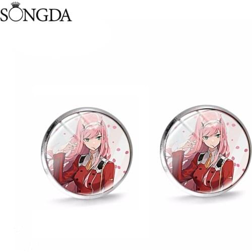 Charm DARLING In The FRANXX Anime Stud Earrings Cute Zero Two Art Photo Glass Dome Earrings For Women Men Cartoon Jewelry