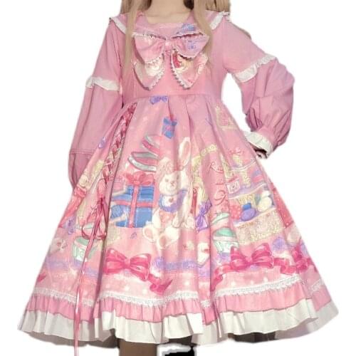 Original Design Kawaii Print Bow Lantern Sleeve Lolita Dress Sweet Cute Princess Dress For Girl Cosplay Prop Clothes