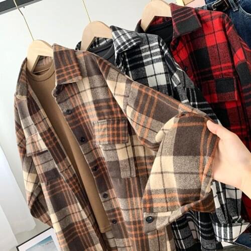 Recommended ~ New Retro Plaid Shirt Womens Autumn and Winter Long-sleeved Loose Korean Thick Brushed Plaid Shirt Jacket Top