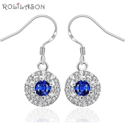 ROLILASON Round Blue Cubic Zirconia Drop Earrings silver color Crystal Fashion Jewelry For Women JE1133