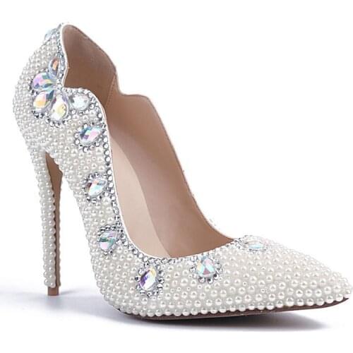Handmade Wedding Shoes High Heel Pearl Bridal Shoes Pointed Toe Single Shoes Diamond String Bead Thin Heels Shallow Ladies Shoe