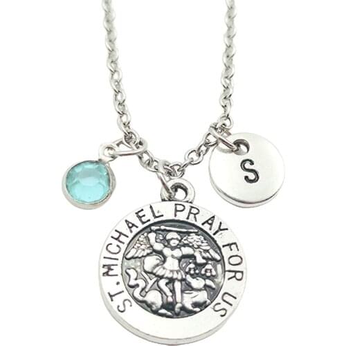 ST Michael Pray for Us Creative Initial Letter Monogram Birthstone Necklace Fashion Jewelry Women Christmas Pendant
