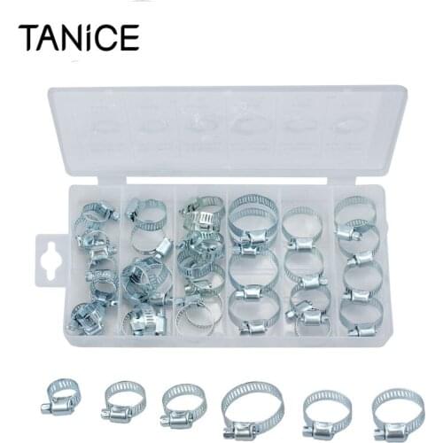 TANiCE 34PCS 6 Sizes Hose Clamp 16-32mm Adjustable Fuel Line Petrol Pipe Hose Clips Stainless Steel 304 Spring Clamp