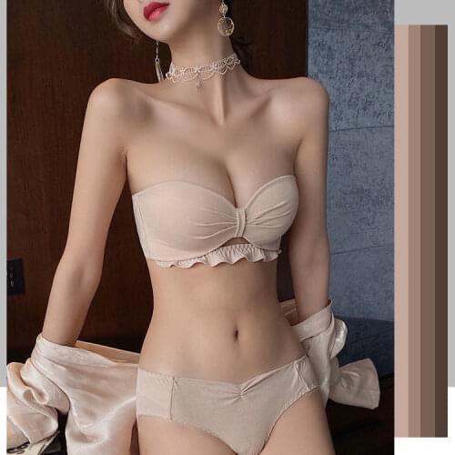 Japanese strapless underwear womens small breasts gathered without rims adjusted a pair of milky white bras anti-slip thin bras