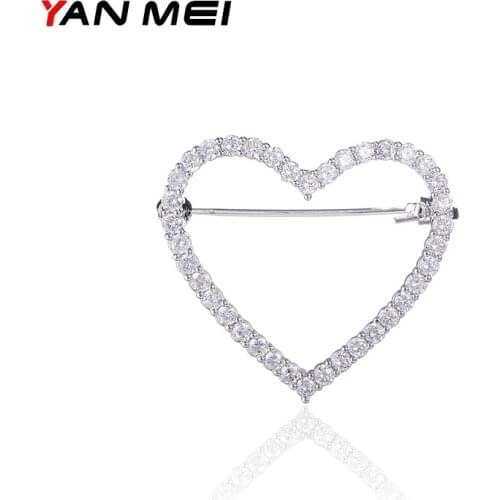 YAN MEI New Arrival White Gold Color Zircon Brooch Micro Paved Heart Brooches Pin Womens Jewelry GLX0217
