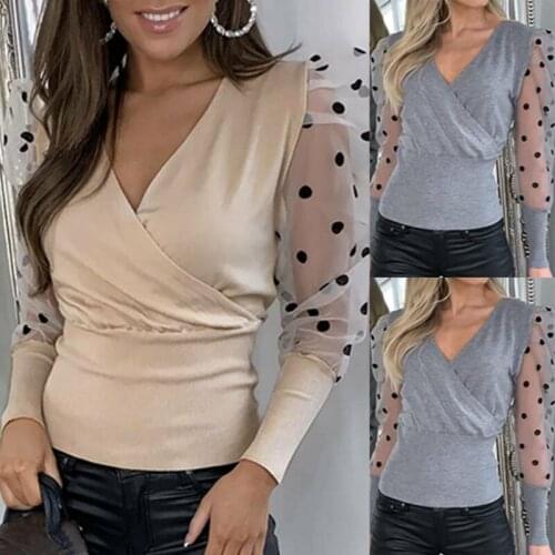 Womens Polka Dot Mesh Puff Sleeve Blouse Ladies Slim Fit V Neck Tops Tee Shirts