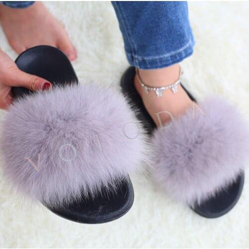 Summer Hot Women Fur Slipper Woman Furry Rainbow Fur Slides Female Fluffy Real Fox Fur Flip Flop Women Indoor Raccoon Fur Slides