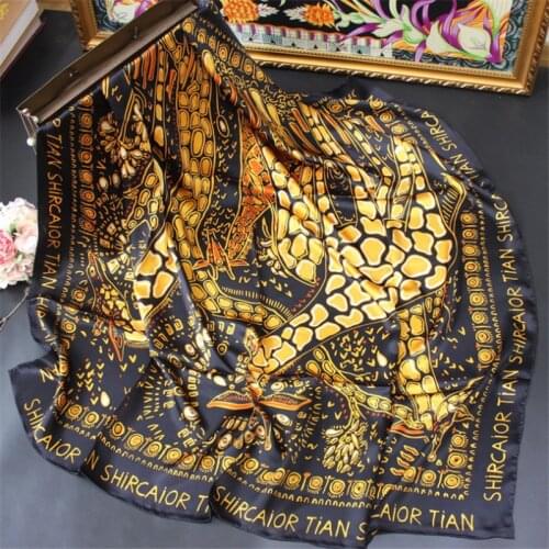 POBING 100% Real Silk Scarf Women Giraffe Print Square Scarves Wraps Manual Hand Rolled Silk Foulards Femme Bandana Hijab110CM