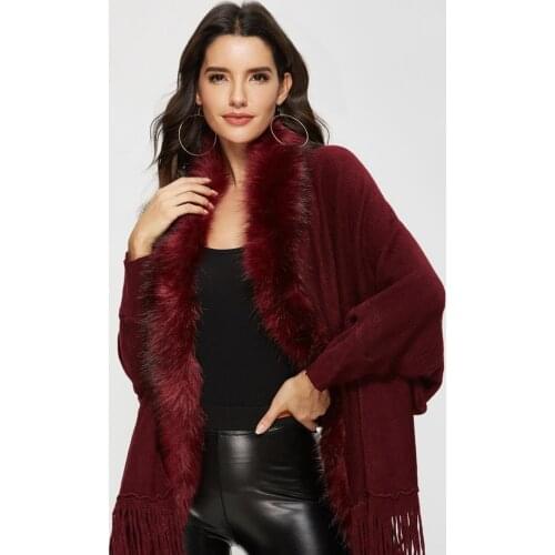 Ladies Long Sleeve Mid Length Faux Fur Collar Knittwear Casual Cardigans Women Sweater Female Knitted Coat Women Cardigan Female
