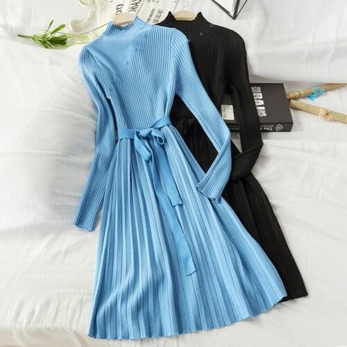 2019 Autumn Winter Maxi Sweater Dress Women Long sleeve OL female Long Sweater Dresses With Belt Elegant A-line Solid Slim Dress