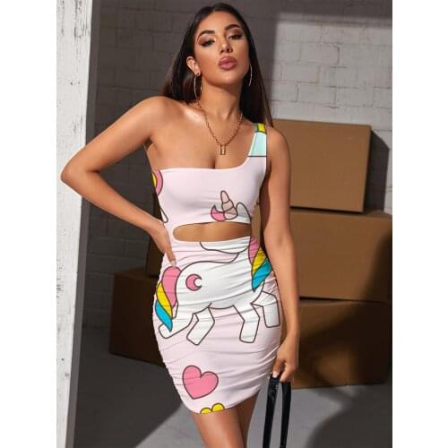 Giyu Brand Unicorn Dress Women Animal Vestido Sexy Rainbow 3d Print Moon Pleating Love Hollow out Dresses Womens Clothing Party