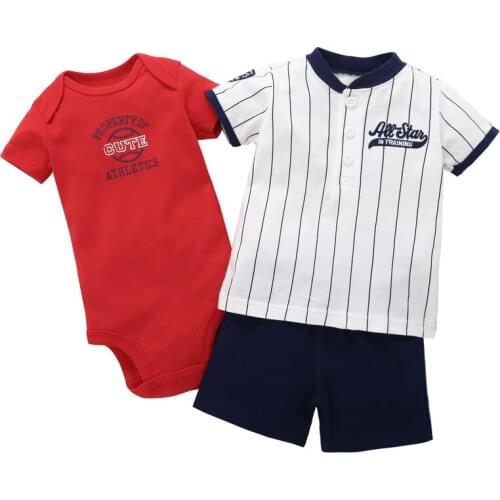 Baby boys summer cotton embroidery T-shirt short-sleeved triangle romper shorts 3-piece suit baby clothes (0-24M)