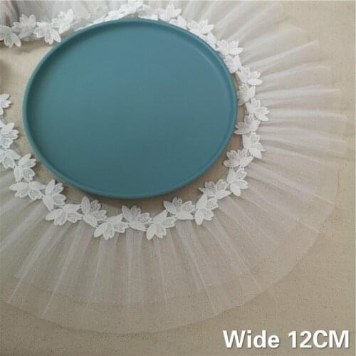 12CM Wide Double Layers White Mesh Embroidered Flowers Lace Ruffle Edge Trim Fringe Ribbon Wedding Dress Headveil Sewing Decor
