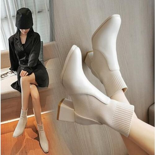 Elegant Woman Beige Ankle Boots For Women High Heels Ladies Boots Fashion Botas Quality Square Head Stretch Fabric Autumn Shoes