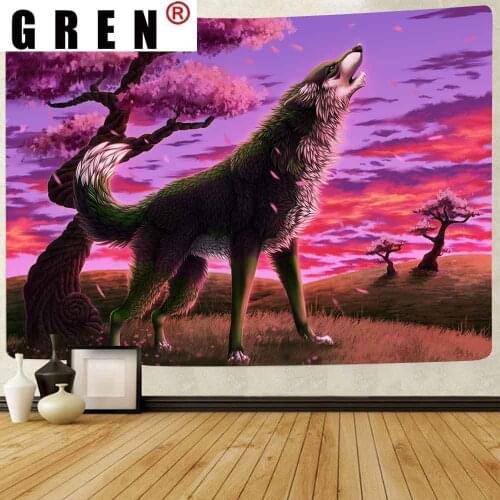 GREN Howlin Wolf Forest Tapestry Animal Jungle Art Wall Hanging Tapestries For Living Room Bedroom Dorm Home Blanket Decor