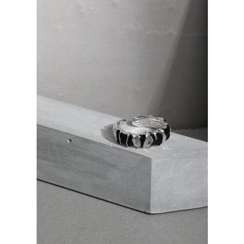 Real S925 Sterling Silver Irregular Rings For Women Party Accessories, Simple Black Ring Female Finger Gold Color Jewelry