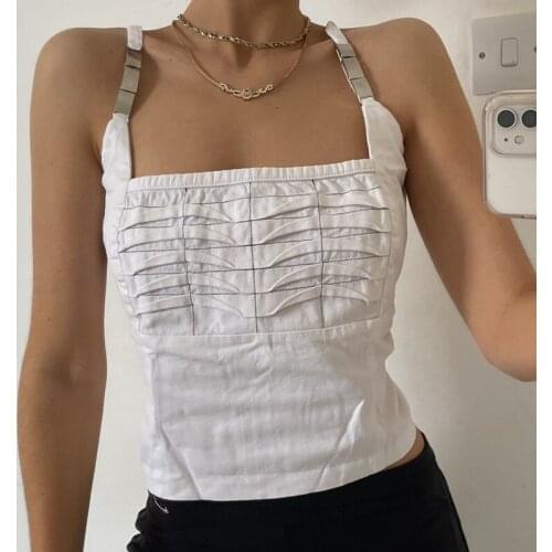 Women Thin Wild Solid Camis Vest Women Tank Tops Female 2021 Summer Sexy Women Pleated Rope Metal Short Camisole Vest Tank Top