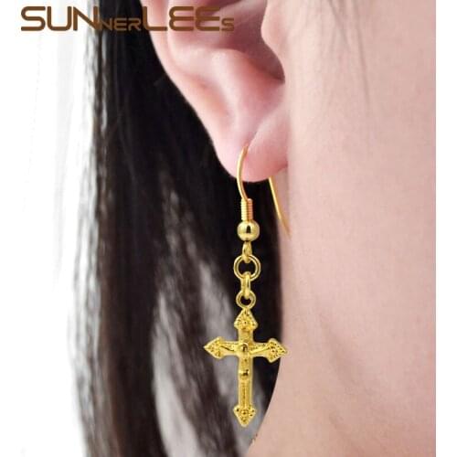 SUNNERLEES Fashion Jewelry Gold-Color Drop Earrings Jesus Cross Dangles For Womens Girls P17 YE