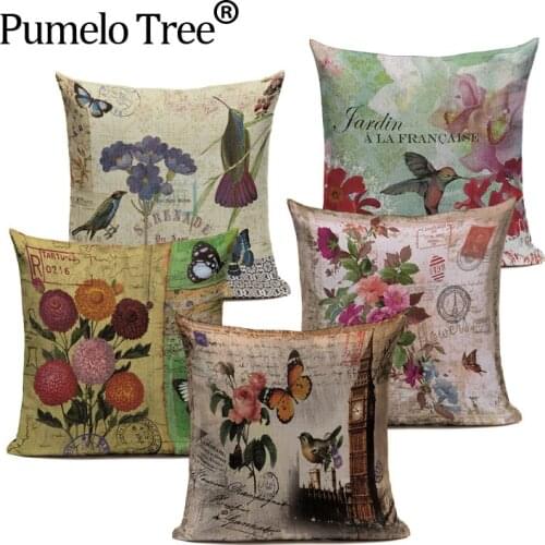 Bird Plant Floral Butterfly Cushion Cover Fashion High Quality Cotton Linen plant Flowers Grass Decorative Throw Pillow Custom