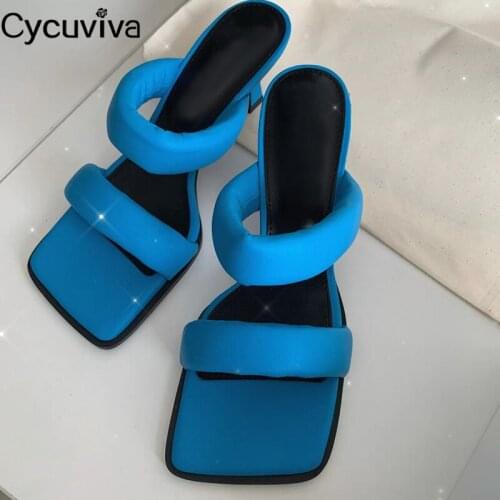 New Square Toe Leather Mules High Heels Shoes Women Slippers One Belt Slides 2020 Summer Brand Shoes Sexy Party Sandals Woman